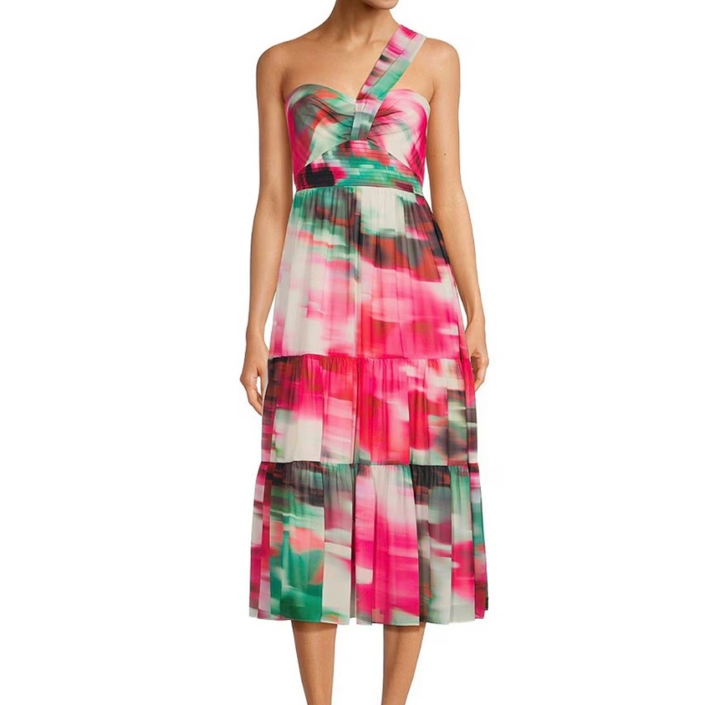 Badgley Mischka Belle Remi Georgette printed One Shoulder Midi Dress